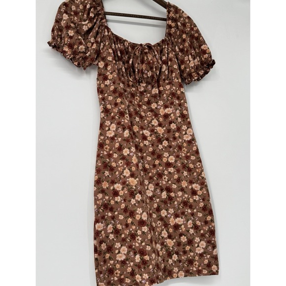 Boho Floral Milkmaid Mini Dress Small Short Sleeve Fall Stretch Bodycon Babydoll - Picture 3 of 10